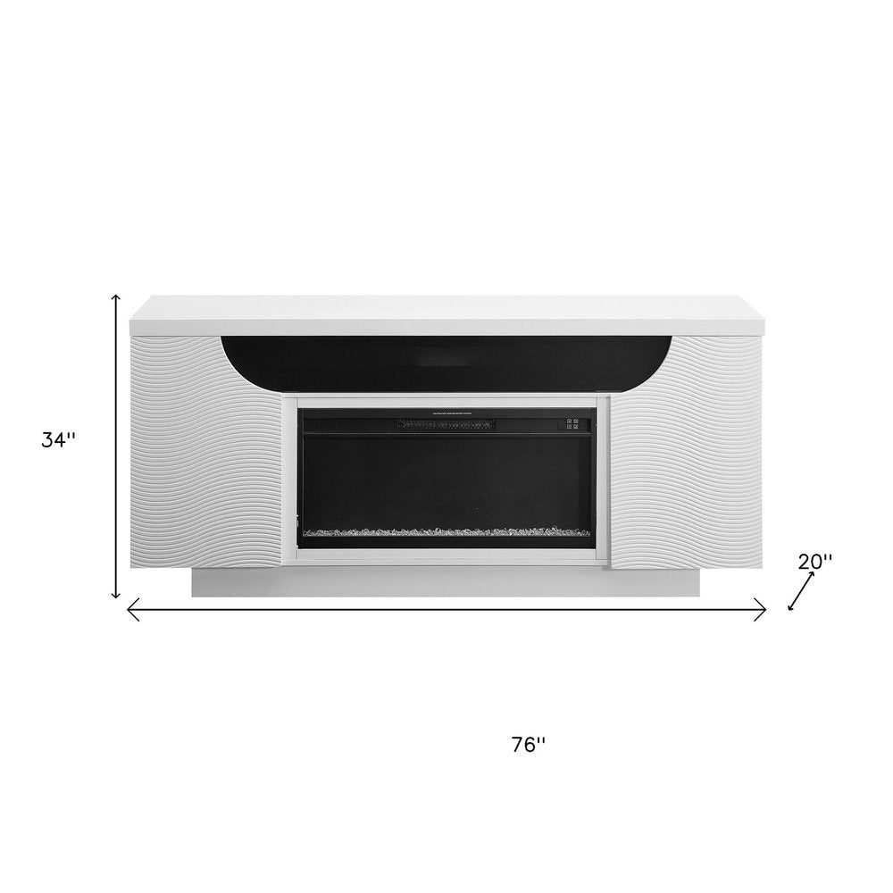 76" White Ribbed Wood Electric Storage Cabinet Fireplace With LED And Speaker