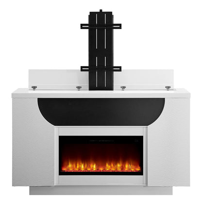 76" White Ribbed Wood Electric Storage Cabinet TV Fireplace With LED And Speaker