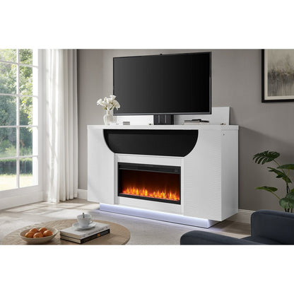 76" White Ribbed Wood Electric Storage Cabinet TV Fireplace With LED And Speaker