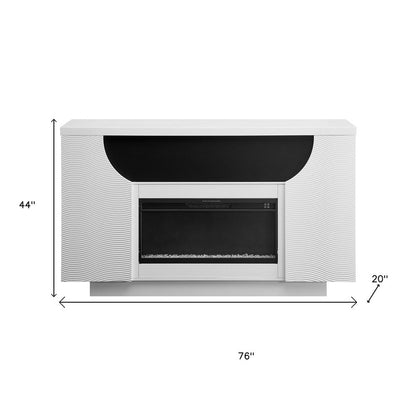 76" White Ribbed Wood Electric Storage Cabinet TV Fireplace With LED And Speaker