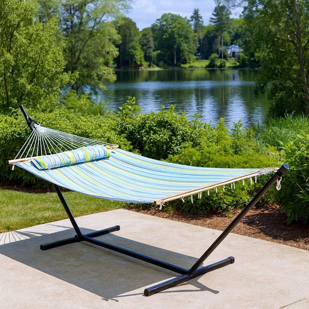 Aqua And Lime Green Striped Double Hammock