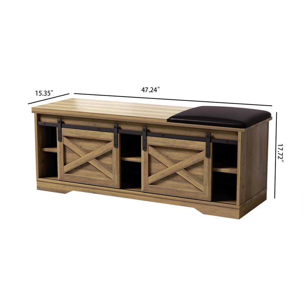 47" Black and Natural Faux Leather And Wood Bench With Shoe Storage And Shelves
