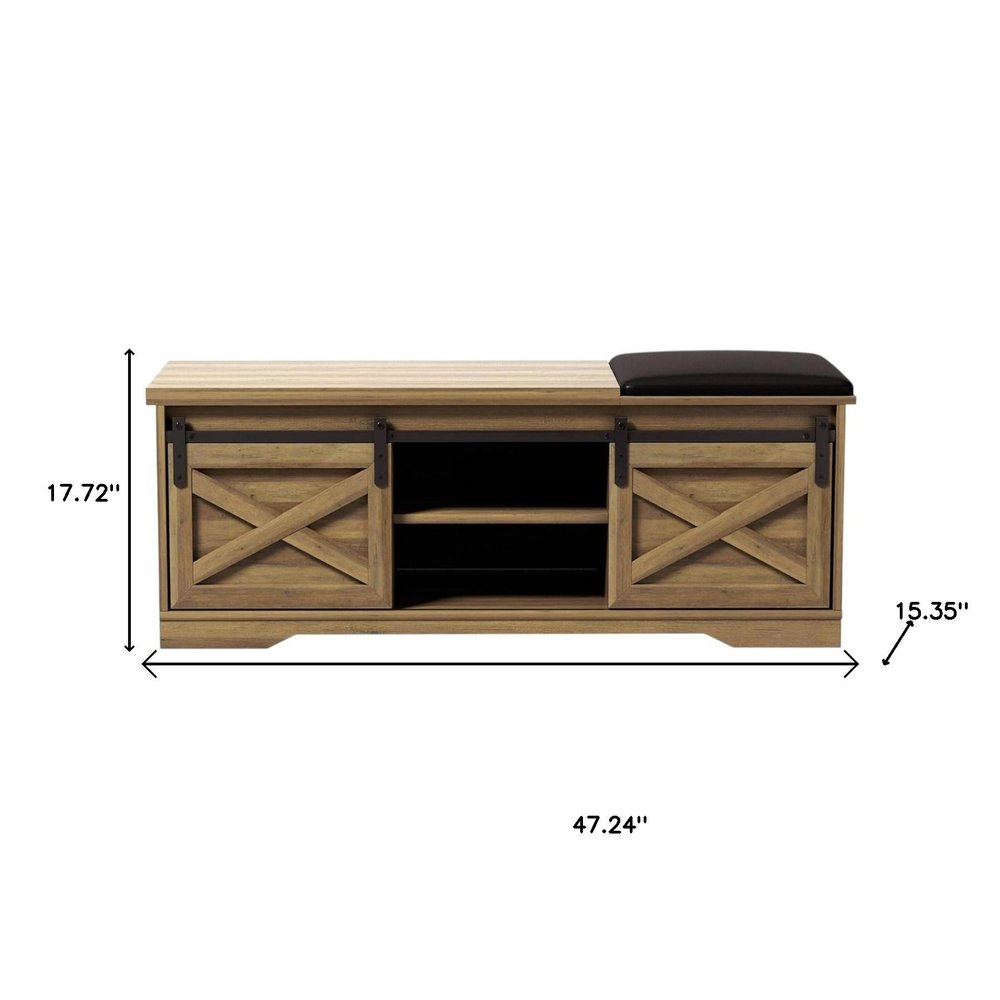 47" Black and Natural Faux Leather And Wood Bench With Shoe Storage And Shelves