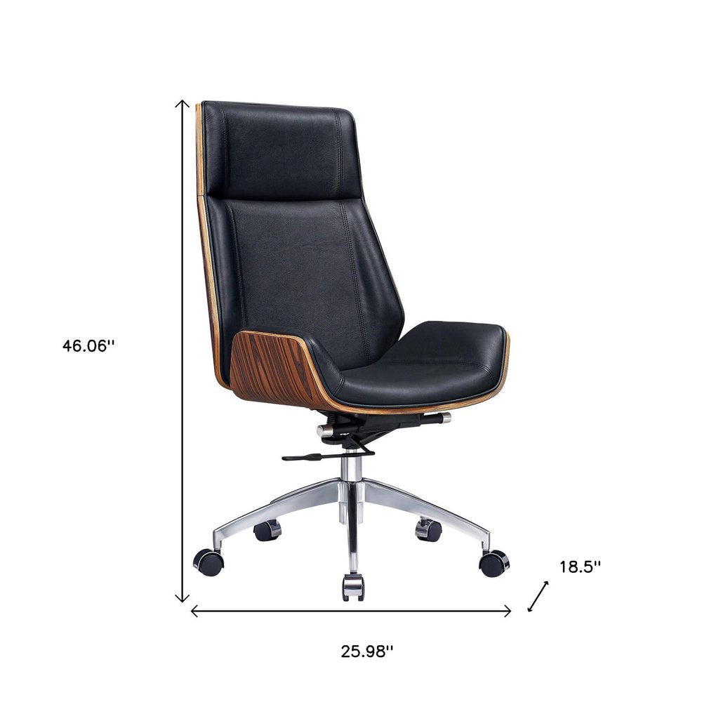 Black Rosewood and Silver Adjustable Height Swivel Rolling Executive Office Chair