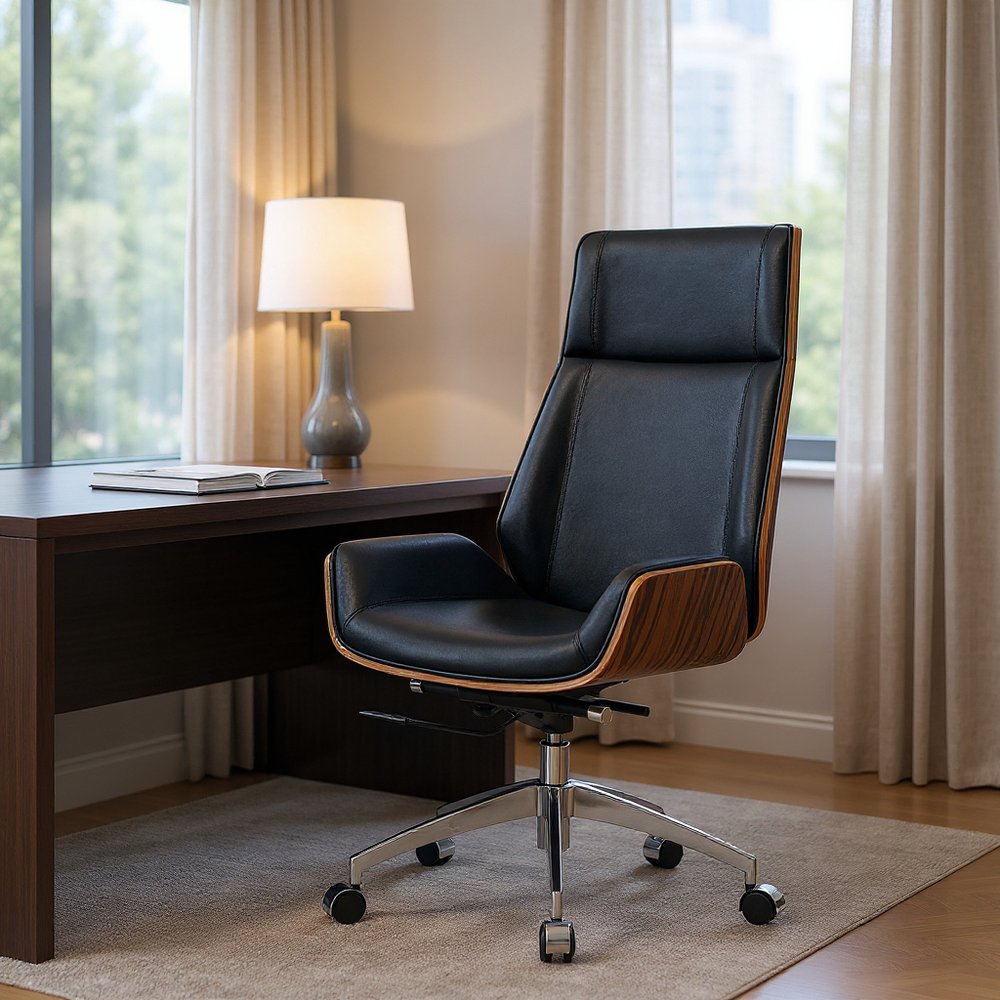 Black Rosewood and Silver Adjustable Height Swivel Rolling Executive Office Chair