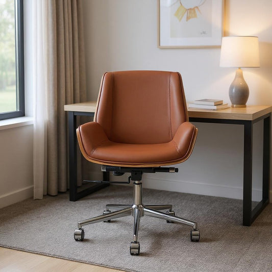 Brown Rosewood and Silver Adjustable Height Swivel Rolling Conference Office Chair