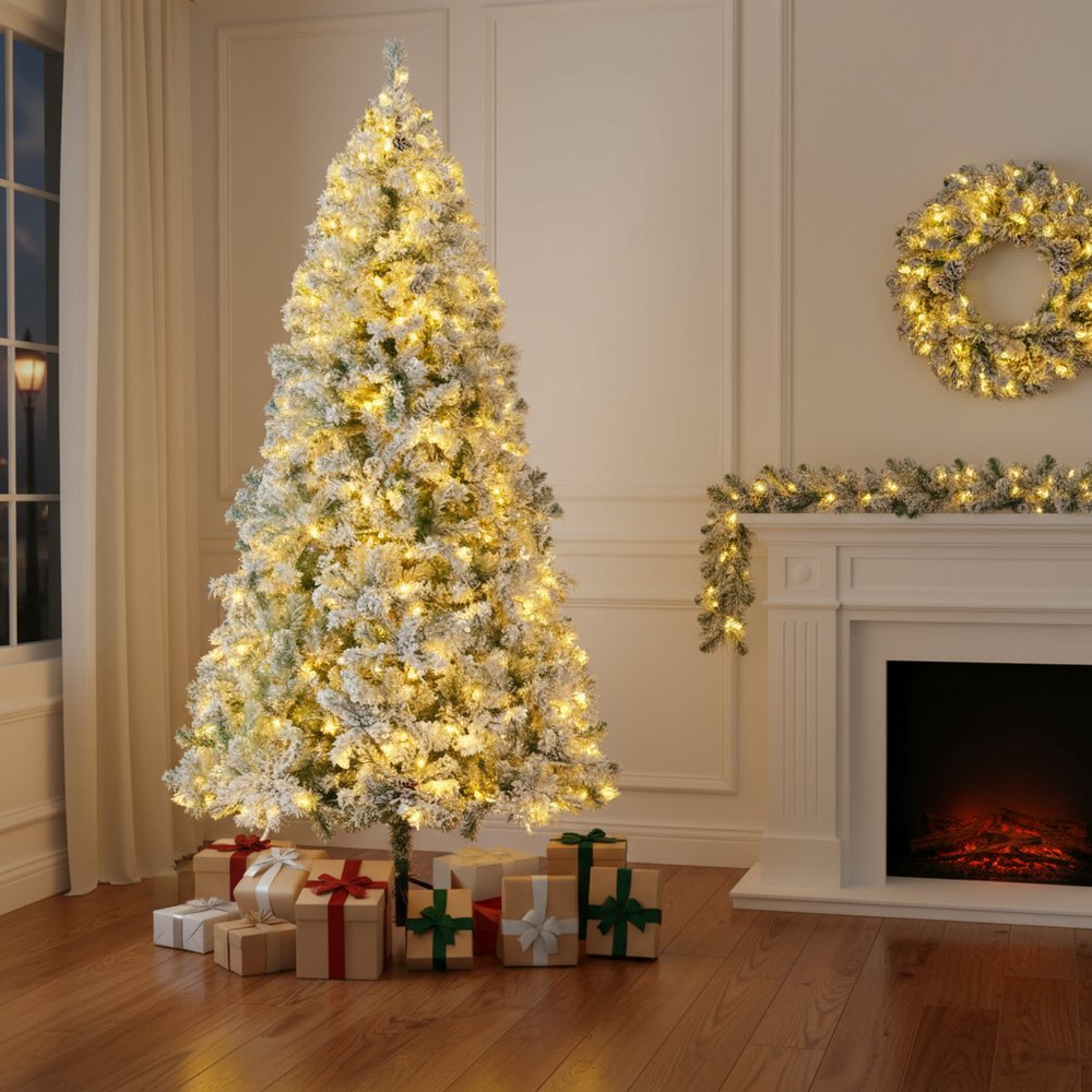 Three Piece Pre Lit Extra Full Frosted Pine Christmas Tree With Garland And Wreath Set