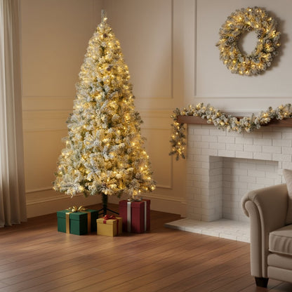 Three Piece Pre Lit Extra Full Frosted Pine Christmas Tree With Garland And Wreath Set