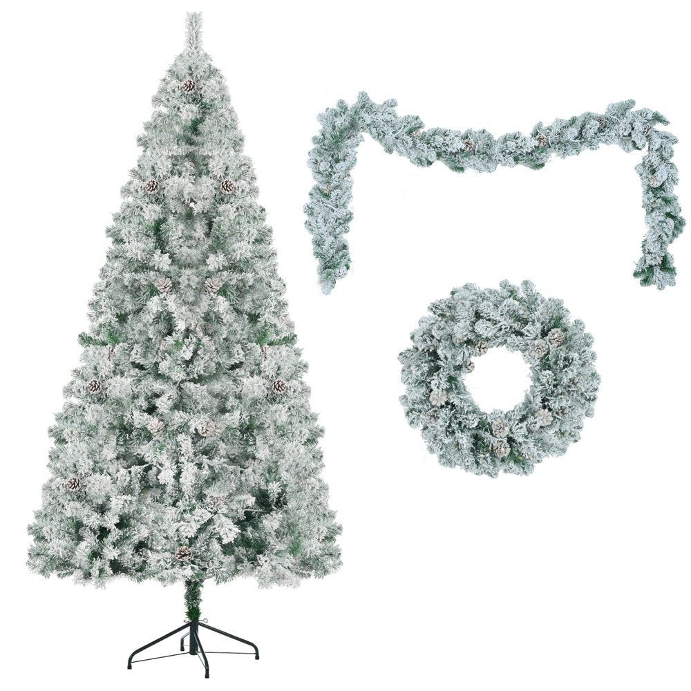 Three Piece Pre Lit Extra Full Frosted Pine Christmas Tree With Garland And Wreath Set