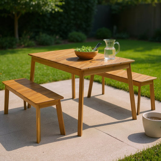 Three Piece Natural Solid Wood Outdoor Patio Set With Table
