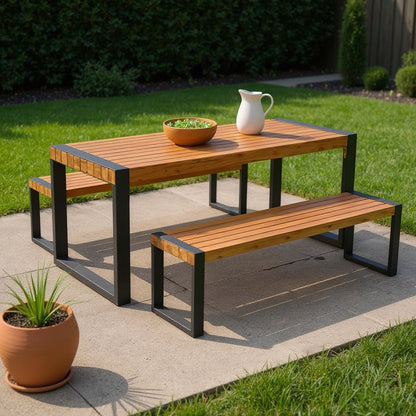 Three Piece Natural Solid Wood Outdoor Patio Set With Table