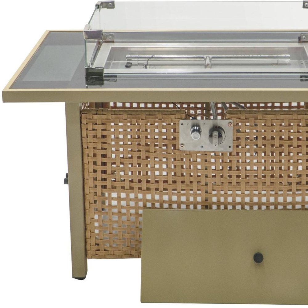 60000 BTU 43" Natural And Black Steel And Wicker Propane Fire Pit Table With Cover