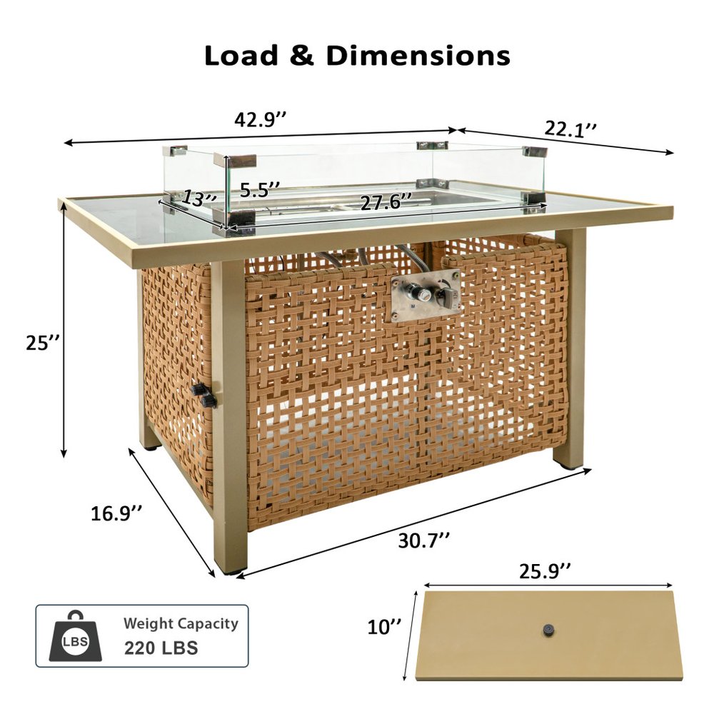 60000 BTU 43" Natural And Black Steel And Wicker Propane Fire Pit Table With Cover