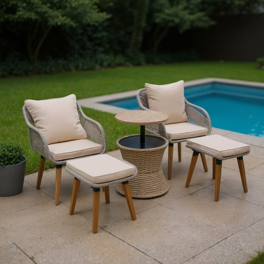 Five Piece Light Gray and Tan Wicker Upholstered Cushions Two Person Seating Group With Table