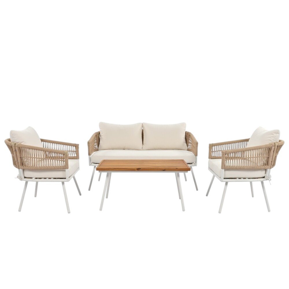 Six Piece White and Beige Metal Upholstered Cushions Sofa Seating Group With Table