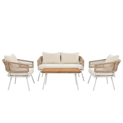 Six Piece White and Beige Metal Upholstered Cushions Sofa Seating Group With Table
