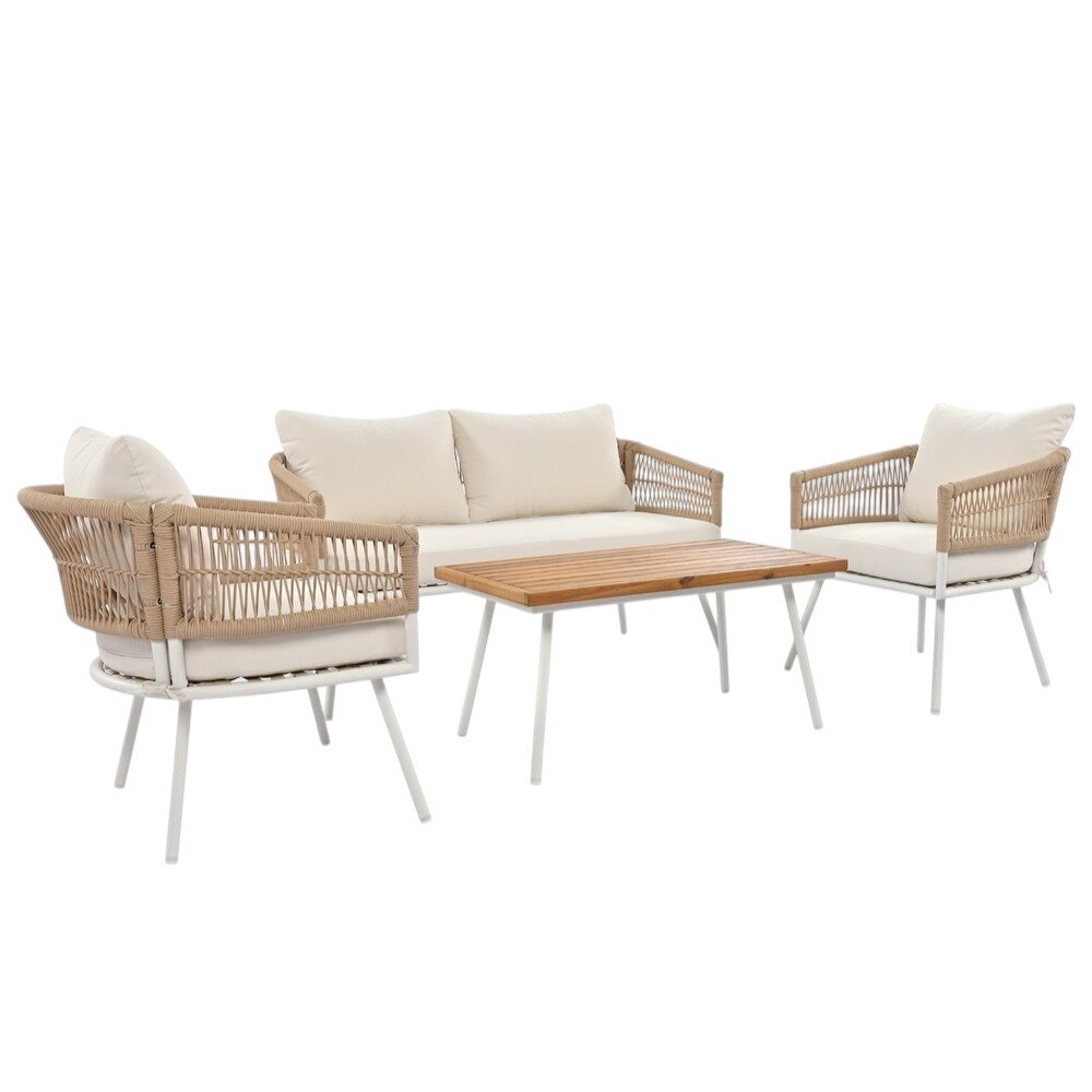 Six Piece White and Beige Metal Upholstered Cushions Sofa Seating Group With Table