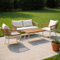 Six Piece White and Beige Metal Upholstered Cushions Sofa Seating Group With Table