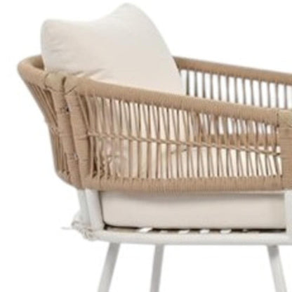 Six Piece White and Beige Metal Upholstered Cushions Sofa Seating Group With Table