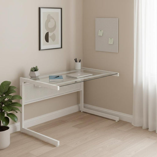 78" Clear and White Glass and Metal Corner Computer Desk