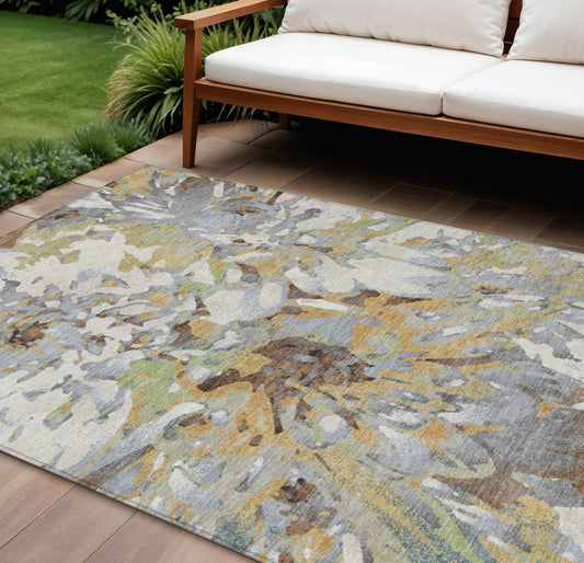 9' X 12' Wheat Ivory And Gray Floral Washable Indoor Outdoor Area Rug