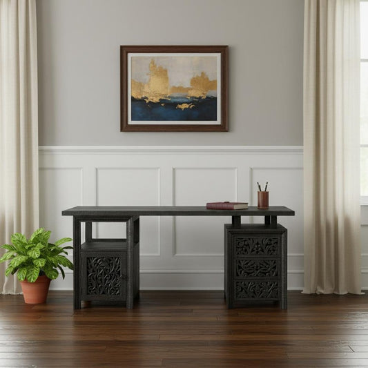 68" Black Solid Wood and Metal Carved Floral Desk With Three Drawers