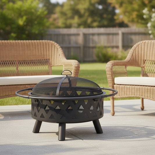 30" Black Steel Wood Burning Round Fire pit With Cover