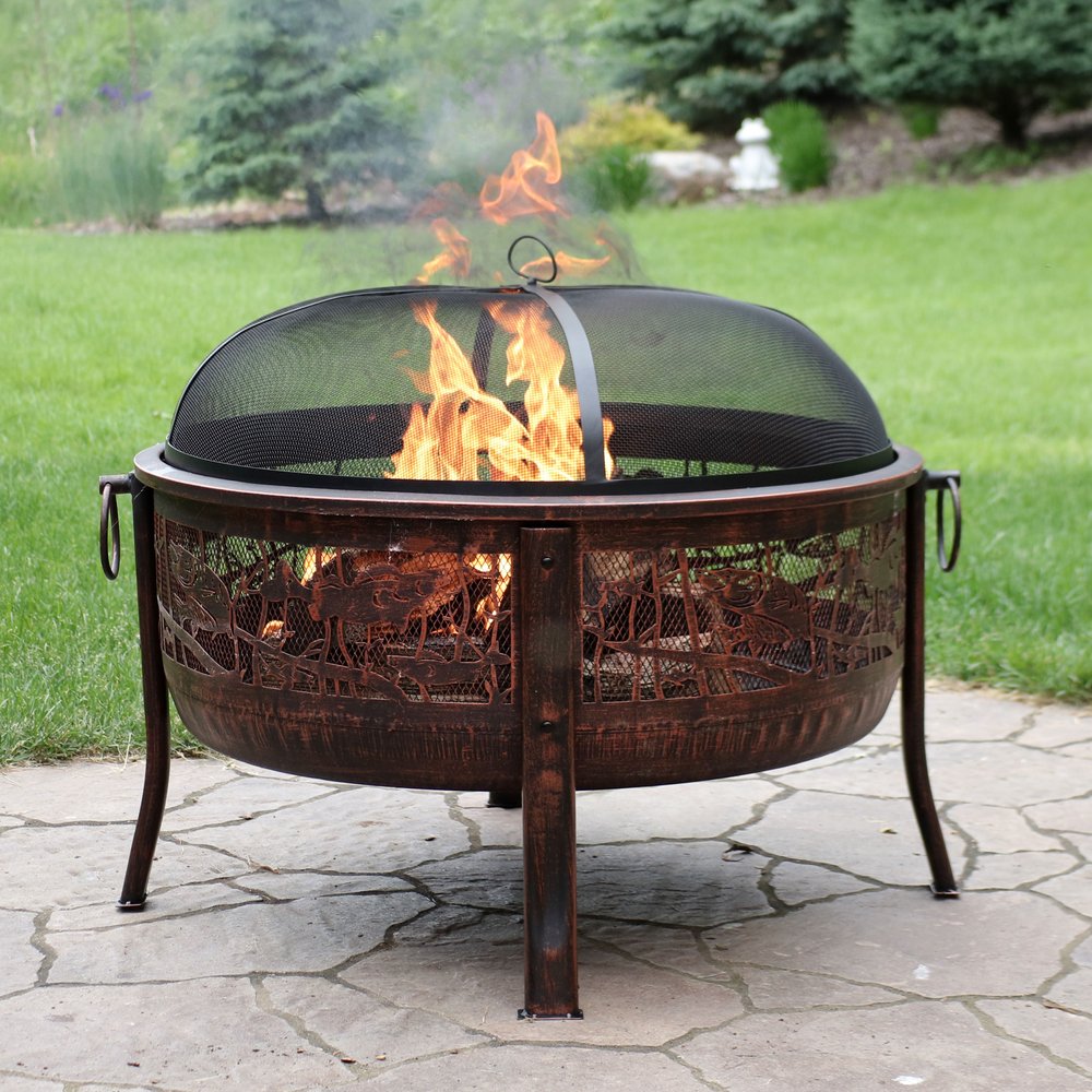34" Bronze Steel Wood Burning Round Fire pit With Cover