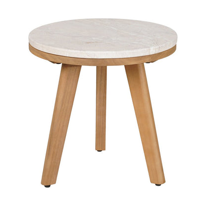 16" Beige and Natural Stone and Solid Wood Round Outdoor Side Table