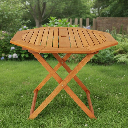 36" Brown Octagonal Solid Wood Folding Outdoor Dining Table with Umbrella Hole