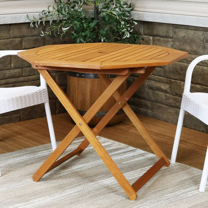 36" Brown Octagonal Solid Wood Folding Outdoor Dining Table with Umbrella Hole