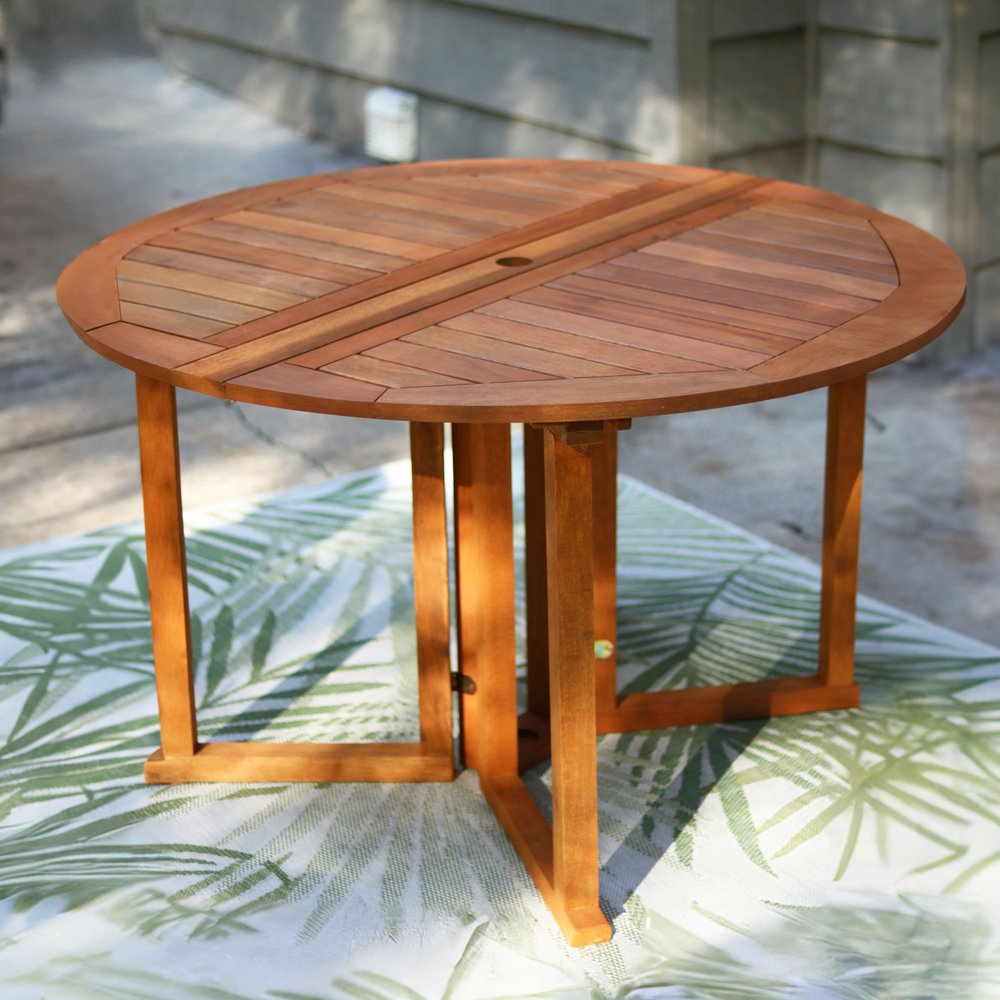 47" Brown Rounded Solid Wood Folding Outdoor Dining Table with Umbrella Hole