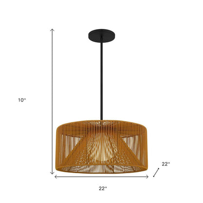 Natural And Black Rattan String And Metal LED Dimmable Outdoor Hanging Pendent Light