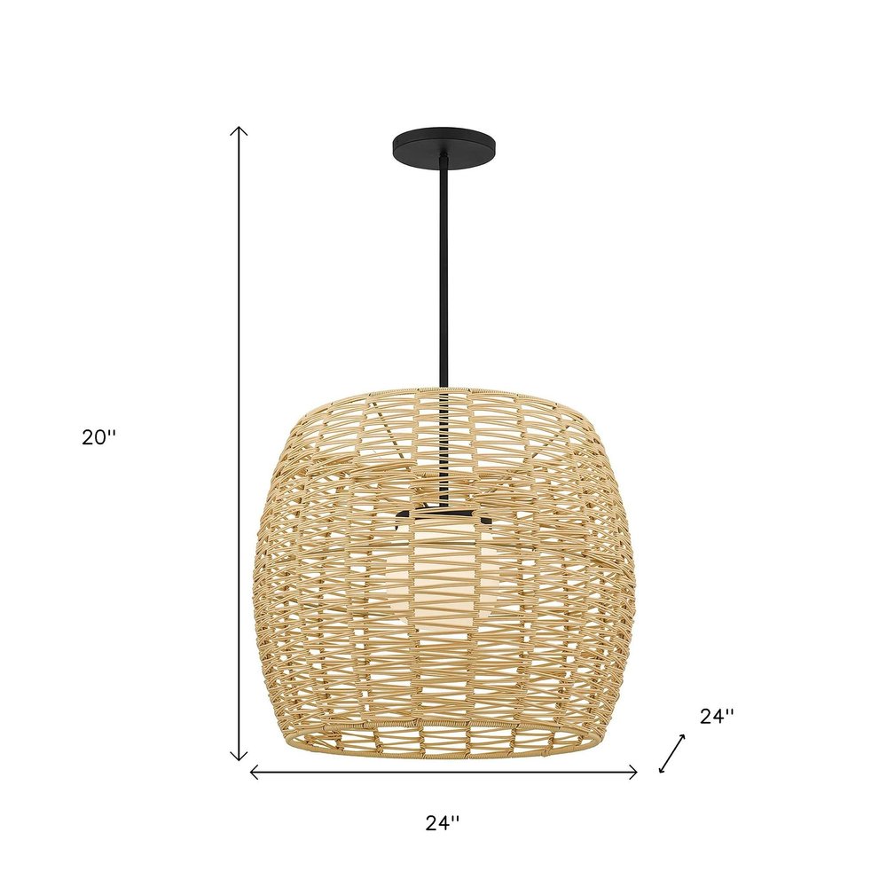 Natural And Black Rattan And Metal LED Dimmable Barrel Outdoor Hanging Pendent Light