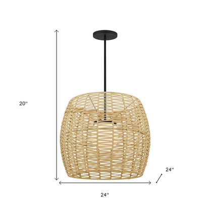 Natural And Black Rattan And Metal LED Dimmable Barrel Outdoor Hanging Pendent Light