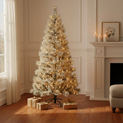 7.5' White Pre Lit Full Flocked Spruce Christmas Tree