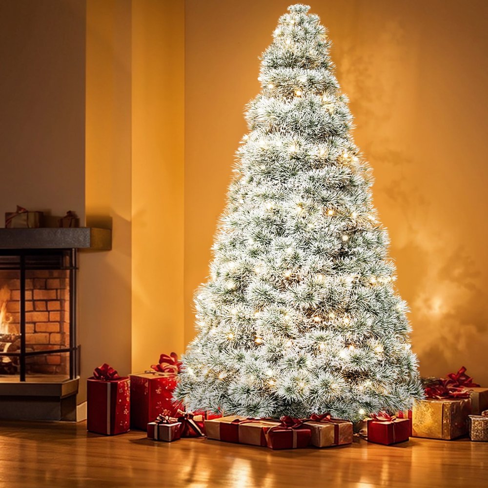 7.5' White Pre Lit Full Flocked Spruce Christmas Tree