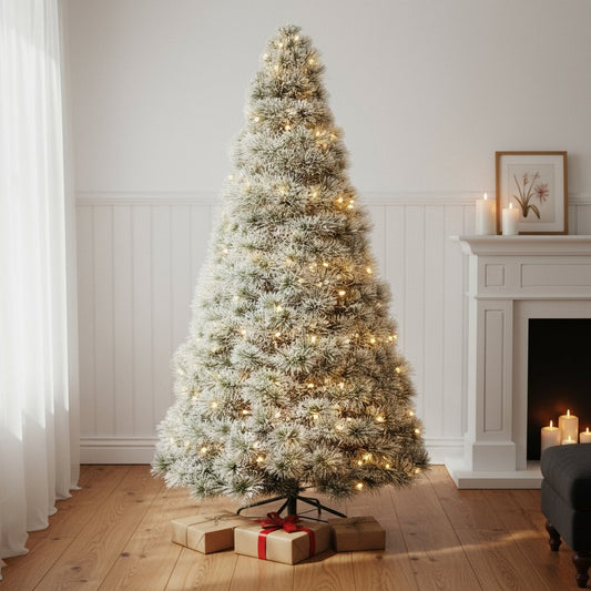 7.5' White Pre Lit Full Flocked Spruce Christmas Tree