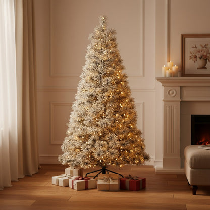 7.5' White Pre Lit Full Flocked Spruce Christmas Tree