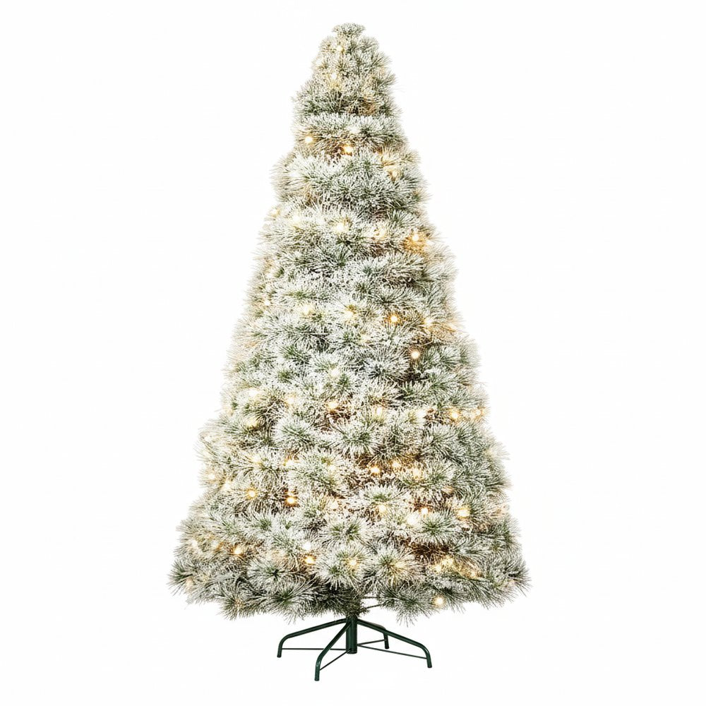 7.5' White Pre Lit Full Flocked Spruce Christmas Tree