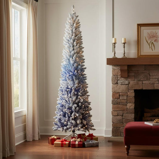 7' Blue And White Pre Lit Slender Flocked Fir Christmas Tree