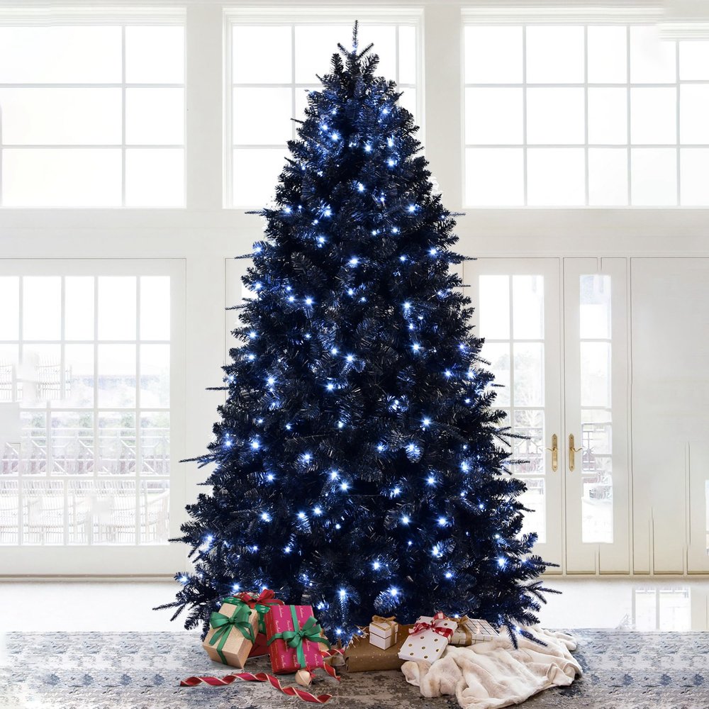 7' Black Pre Lit Full Spruce Christmas Tree