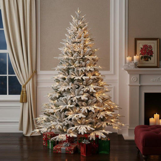 7.5' White Pre Lit Full Flocked Fir Christmas Tree