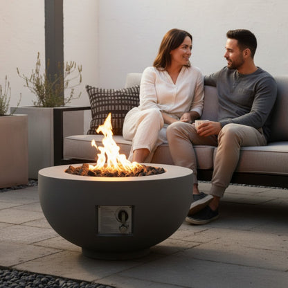 40000 BTU 28" Gray Magnesium Oxide Propane Round Fire Pit Table With Cover