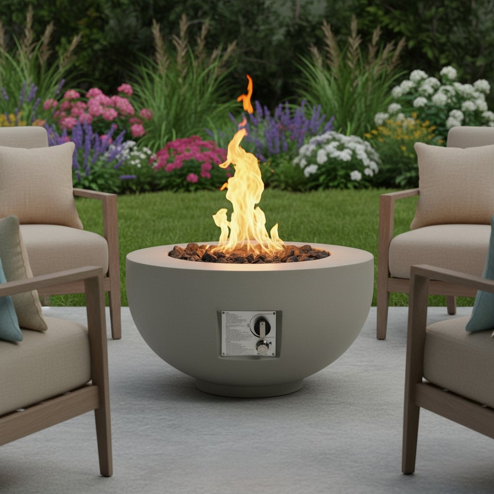 40000 BTU 28" Gray Magnesium Oxide Propane Round Fire Pit Table With Cover