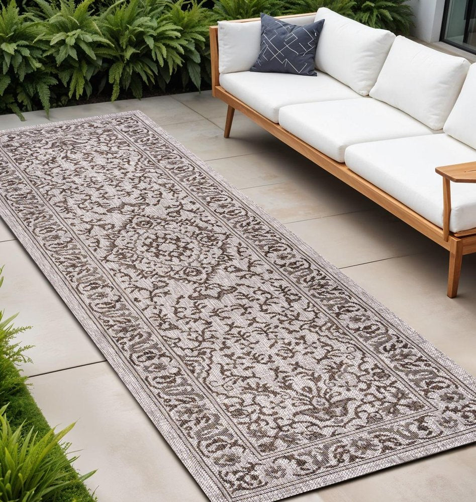 10' Brown And Beige Medallion Indoor Outdoor Runner Rug