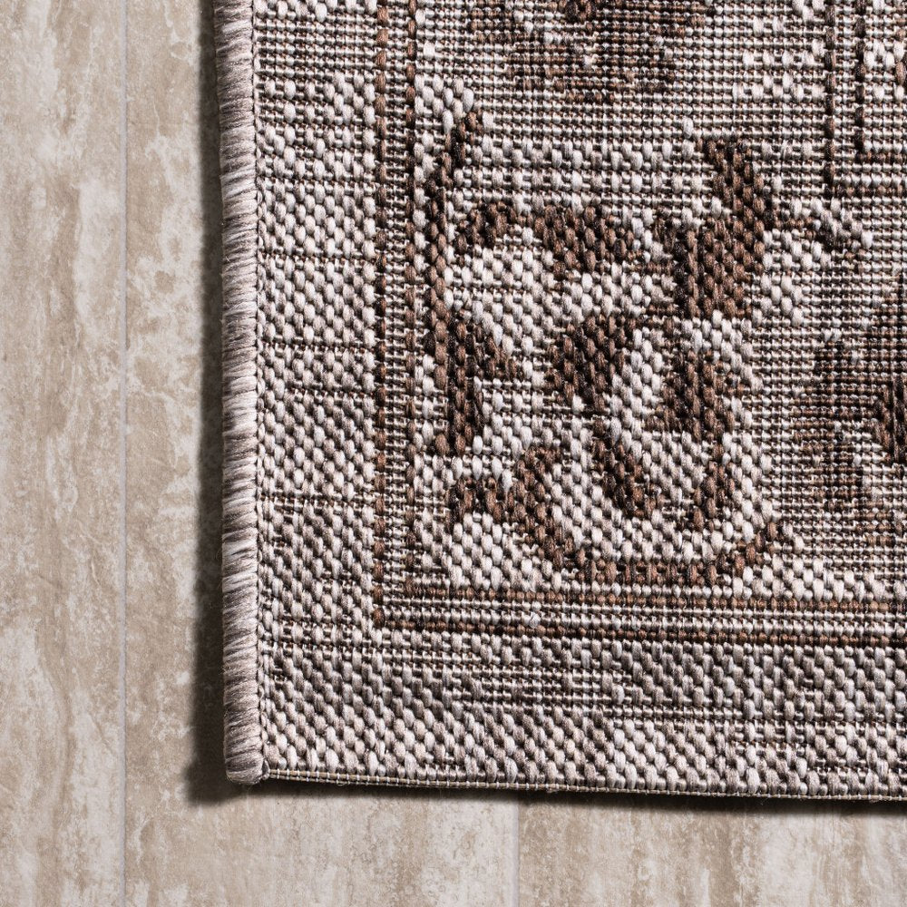 10' Brown And Beige Medallion Indoor Outdoor Runner Rug