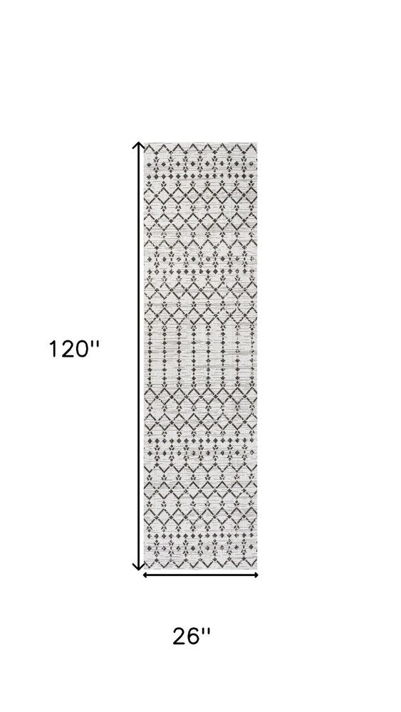10' Cream And Black Trellis Indoor Outdoor Runner Rug