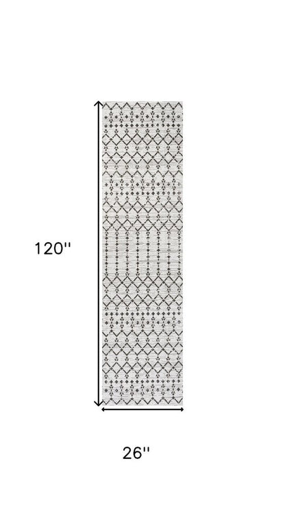 10' Cream And Black Trellis Indoor Outdoor Runner Rug