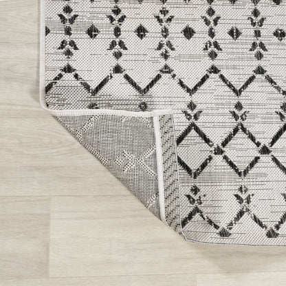 10' Cream And Black Trellis Indoor Outdoor Runner Rug